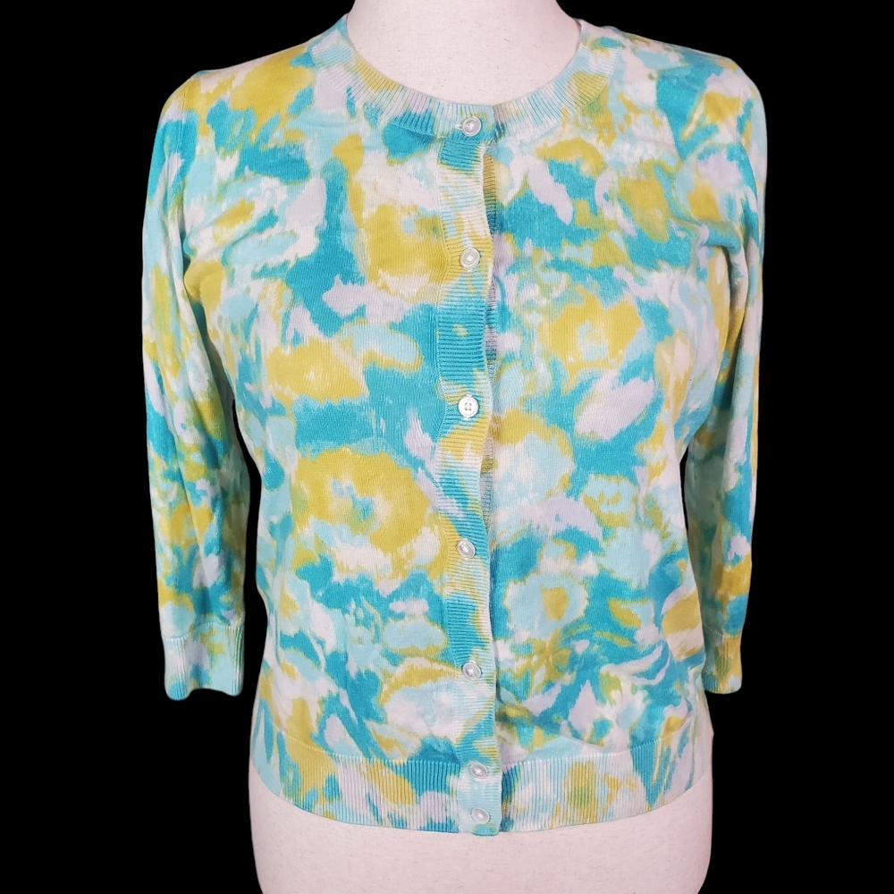 Talbots Cotton Colorful Floral Cartigan Button Lightweight Med Preppy 3/4 Sleeve